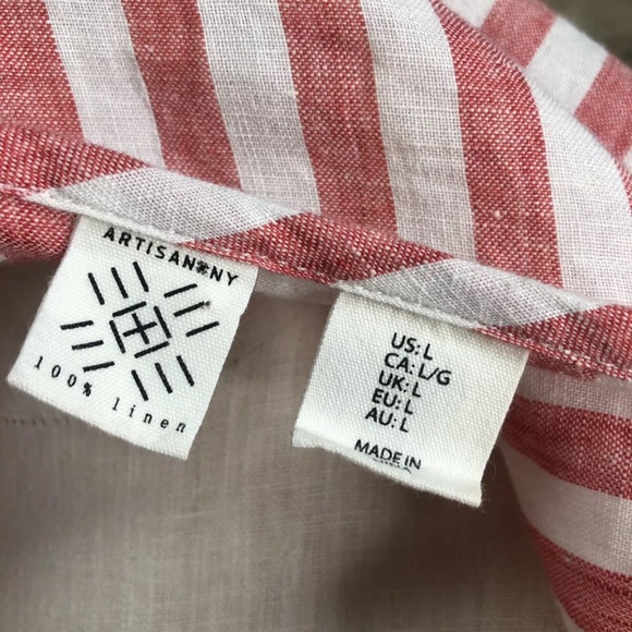 100% Linen Shirt Striped Short Sleeve Loose Fit Boho Flowy Red White - Picture 4 of 5